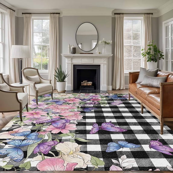 5x7 Area Rugs for Living Room, Spring Floral Non Slip Area Rugs for Kitchen Bedroom Entryway, Black White Checkered Farmhouse Butterfly Washable Carpet Runner Rug Floor Mats for Bedroom Home Decor