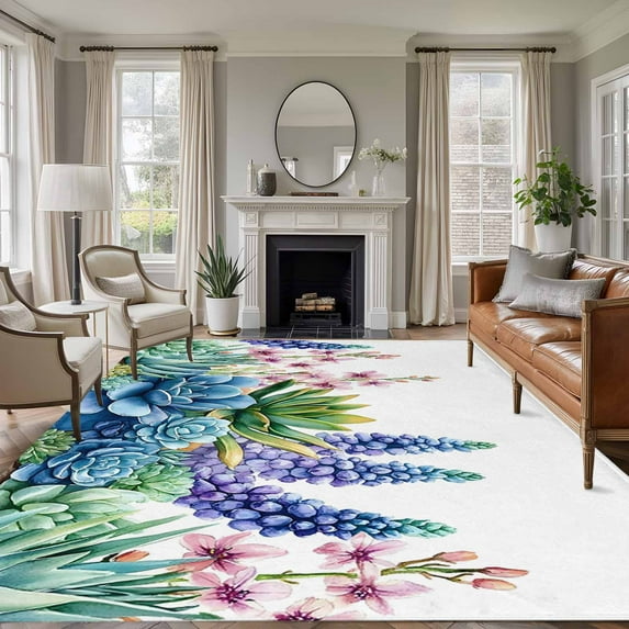5x7 Area Rugs for Living Room, Summer Succulents Non Slip Area Rugs for Kitchen Bedroom Entryway, Spring Floral Watercolor Washable Carpet Runner Rug Floor Mats for Bedroom Home Decor