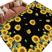 5x7 Area Rugs for Living Room, Sunflower Black Non Slip Area Rugs for Kitchen Bedroom Entryway, Watercolor Floral Vintage Farmhouse Washable Carpet Runner Rug Floor Mats for Bedroom Home Decor