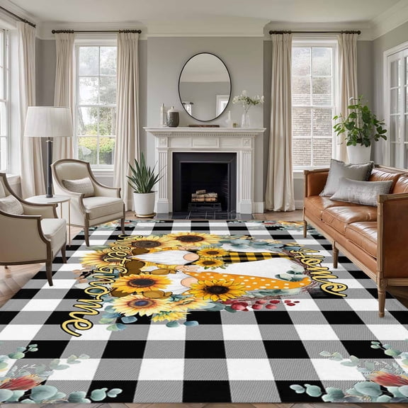 5x7 Area Rugs for Living Room, Sunflower Non Slip Area Rugs for Kitchen Bedroom Entryway, Gnomes Black White Checkered Farmhouse Washable Carpet Runner Rug Floor Mats for Bedroom Home Decor