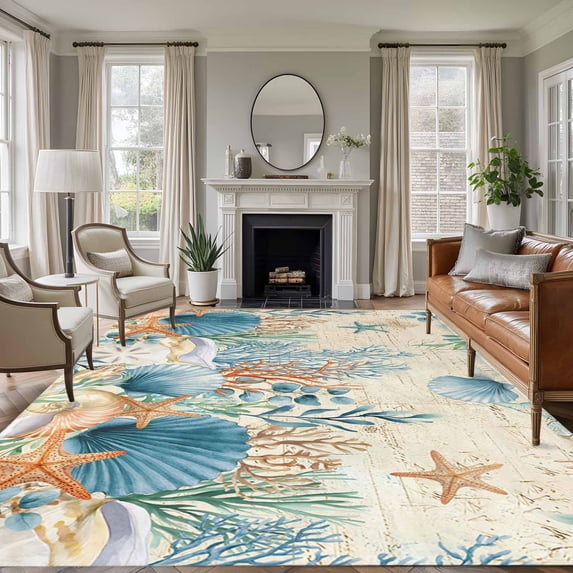 5x7 Area Rugs for Living Room, Teal Blue Coastal Non Slip Area Rugs for Kitchen Bedroom Entryway, Summer Beach Starfish Shell Coral Nautical Retro Washable Carpet Runner Rug Floor Mats for Bedroom