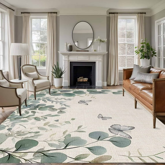 5x7 Area Rugs for Living Room, Teal Eucalyptus Leaves Non Slip Area Rugs for Kitchen Bedroom Entryway, Butterflies Summer Leaf Rustic Washable Carpet Runner Rug Floor Mats for Bedroom Home Decor