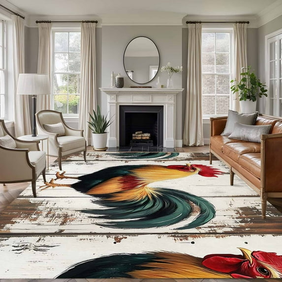 5x7 Area Rugs for Living Room, Vintage Rooster Non Slip Area Rugs for Kitchen Bedroom Entryway, Retro Farmhouse Rooster Watercolor Washable Carpet Runner Rug Floor Mats for Bedroom Home Decor