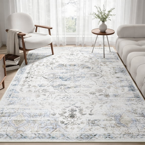 5x7 Washable Living Room Distressed Vintage Area Rug, Retro Floral Non Slip Carpet Soft Low Pile Tapis Salon Throw Rug for Bedrooms, Dining Room, Living Room, Office.