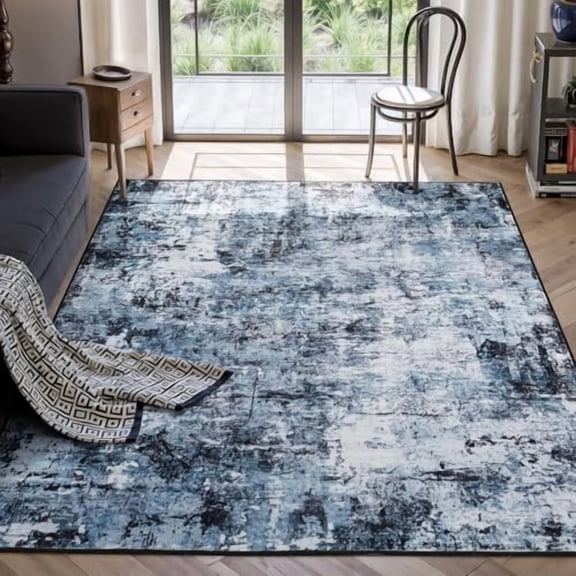 5x7 Area Rugs for Living Room, Washable Large Rug Stain-Resistant Low Pile, Modern Dark Carpet for Dining Room Home Office Room Nursery Bedroom, Navy Blue/Black