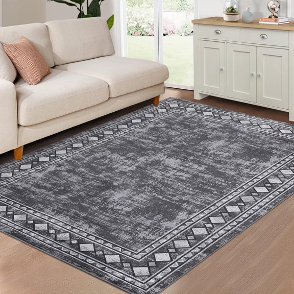 5x7 Area Rugs for Living Room Washable Rug Modern Border Rug for Bedroom Plaid Border Throw Rugs Stain Resistant Throw Carpet Low Pile Floor Cover for Office Dining Room Nursery，Grey