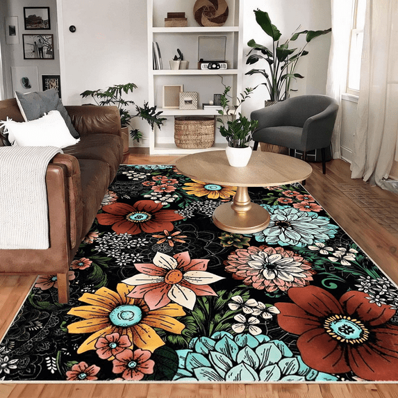 5x7 Area Rugs for Living Room: Washable Rug Stain Resistant Distressed Vintage Floral Rug Non Slip Low Pile Faux Wool Soft Large Area Rugs for Bedroom Bedside Farmhouse Dining Room Kitchen Nursery