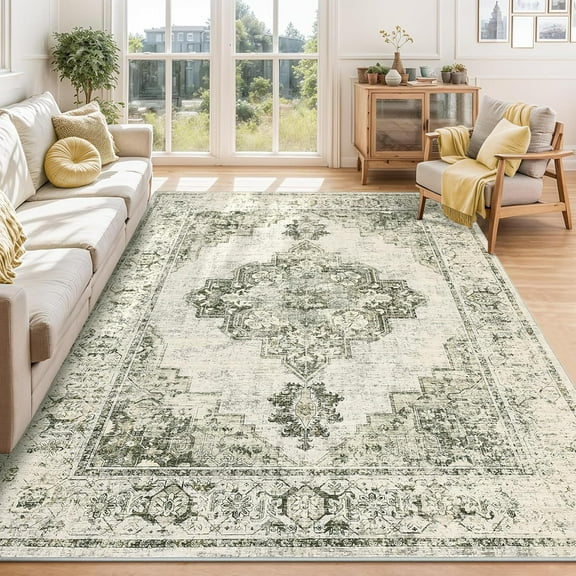 5x7 Area Rugs for Living Room Washable, Soft Vintage Large Bedroom Rugs, Boho Farmhouse Low Pile Non-Slip Indoor Throw Carpet Rugs for Bedroom Dining Room (Green, 5'x7')