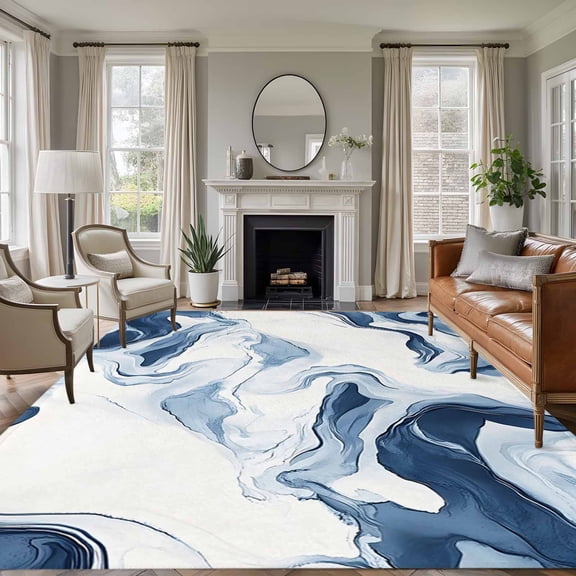 5x7 Area Rugs, Marble Non-Skid Rubber Backing Large Rectangle Rugs - Living Room Bedroom Home Office, Blue Abstract Neutral Textured Modern Watercolor Indoor Floor Mat Carpets Washable Rug