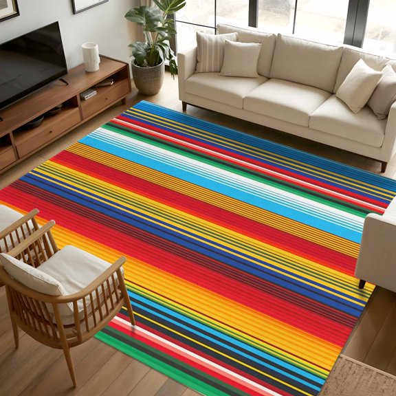 5x7 Area Rugs, Mexican Stripes Non-Skid Rubber Backing Large Rectangle Rugs - Living Room Bedroom Home Office, Ethnic Horizontal Lines Tribal Geometric Art Indoor Floor Mat Carpets Washable Rug