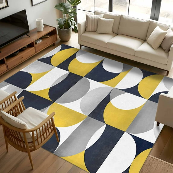 5x7 Area Rugs, Modern Yellow, Non-Skid Rubber Backing Large Rectangle Rugs - Living Room Bedroom Home Office, Vintage European Geometric Grey Indoor Floor Mat Carpets Washable Rug