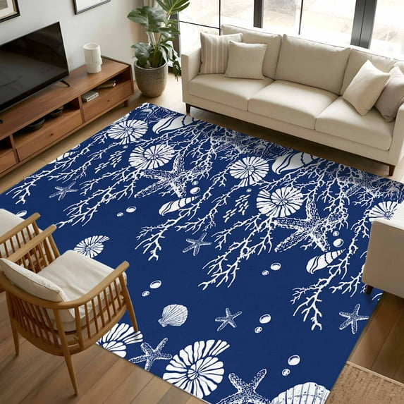 5x7 Area Rugs, Navy Blue Coastal Non-Skid Rubber Backing Large Rectangle Rugs - Living Room Bedroom Home Office, Starfish Coral Ocean Conch Sea Nautical Indoor Floor Mat Carpets Washable Rug