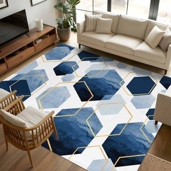 5x7 Area Rugs, Navy Blue Marble Non-Skid Rubber Backing Large Rectangle Rugs - Living Room Bedroom Home Office, Gold White Geometric Hexagon Modern Indoor Floor Mat Carpets Washable Rug