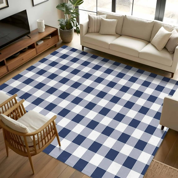 5x7 Area Rugs, Navy Blue White Plaid Non-Skid Rubber Backing Large Rectangle Rugs - Living Room Bedroom Home Office, Farmhouse Checkered Buffalo Indoor Floor Mat Carpets Washable Rug