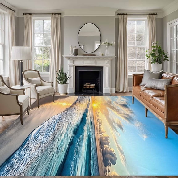 5x7 Area Rugs, Ocean Sunset Non-Skid Rubber Backing Large Rectangle Rugs - Living Room Bedroom Home Office, Beach Blue Sky Coastal Seashore Summer Indoor Floor Mat Carpets Washable Rug