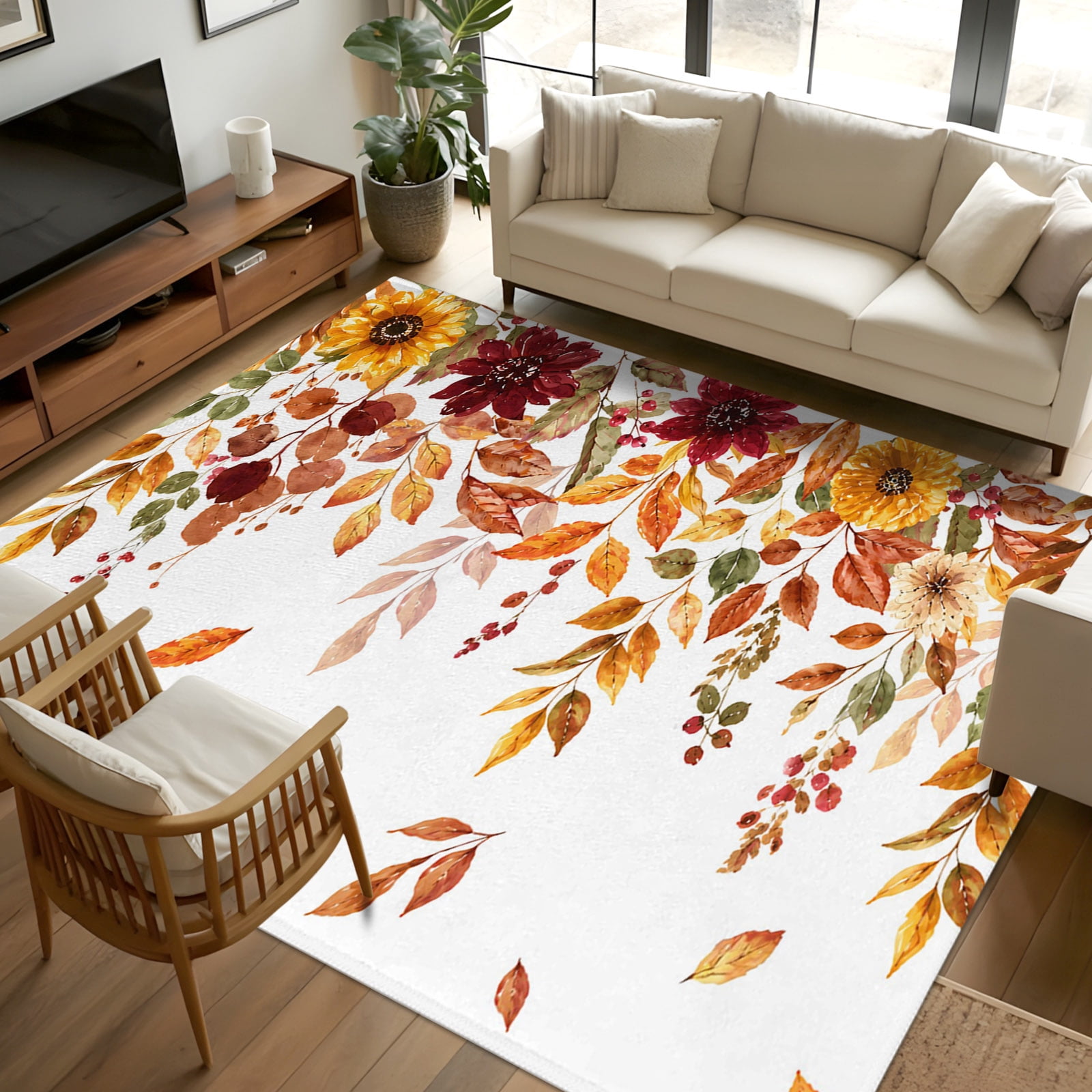 5x7 Rectangular Rugs 5x7 Area Rugs, Orange Brown Leaves Fall Non-Skid Rubber Backing Large ...