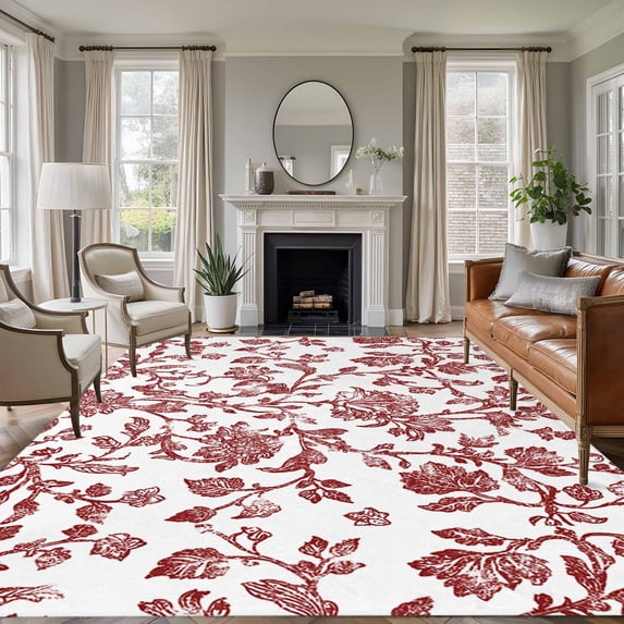 5x7 Area Rugs, Red Boho Flower Non-Skid Rubber Backing Large Rectangle Rugs - Living Room Bedroom Home Office, Vintage Paisley Farmhouse Pattern Indoor Floor Mat Carpets Washable Rug
