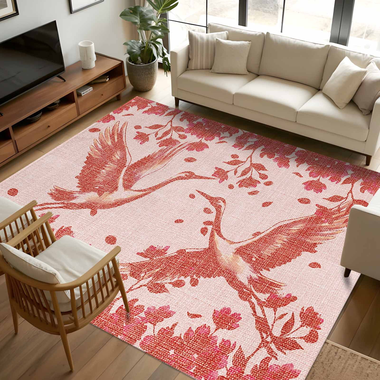 5x7 Area Rugs, Red Crane Silhouette Non-Skid Rubber Backing Large ...