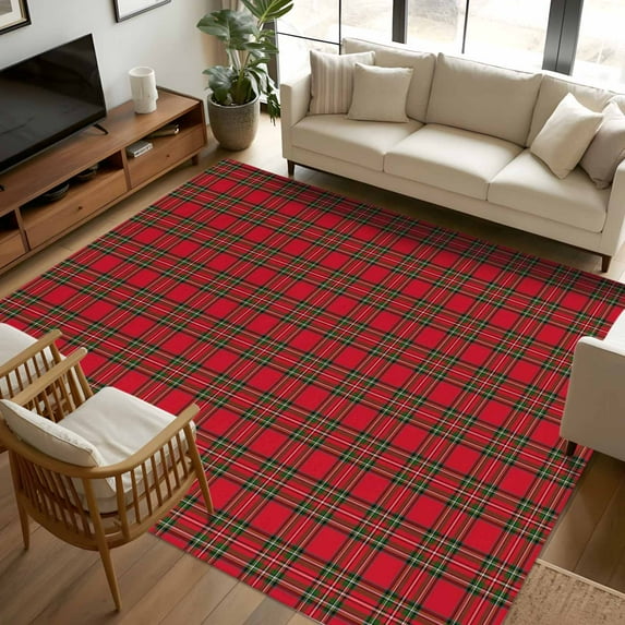 5x7 Area Rugs, Red Green Checkered Non-Skid Rubber Backing Large Rectangle Rugs - Living Room Bedroom Home Office, Christmas Red and Green Plaid Indoor Floor Mat Carpets Washable Rug