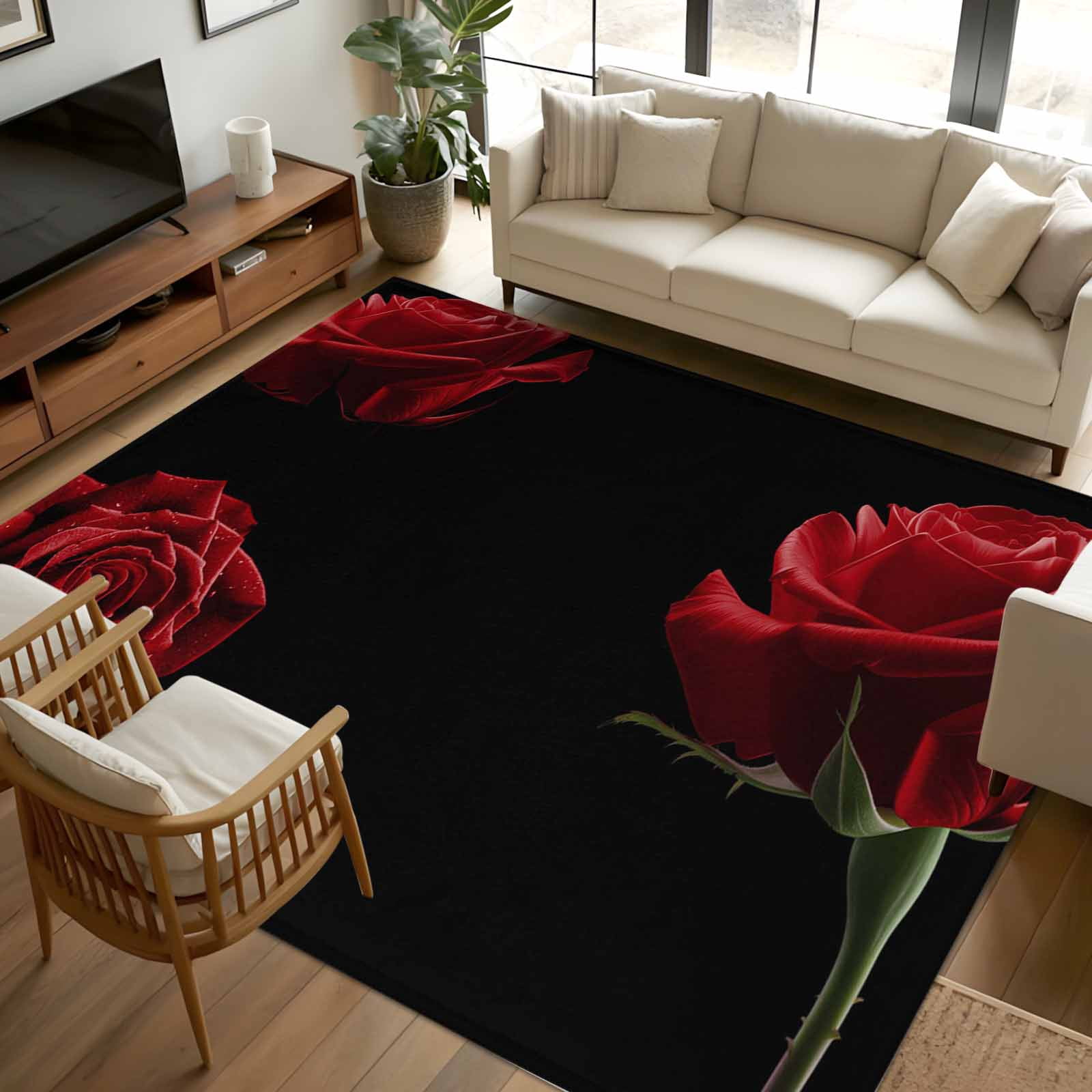 5x7 Area Rugs, Red Rose Non-Skid Rubber Backing Large Rectangle Rugs ...