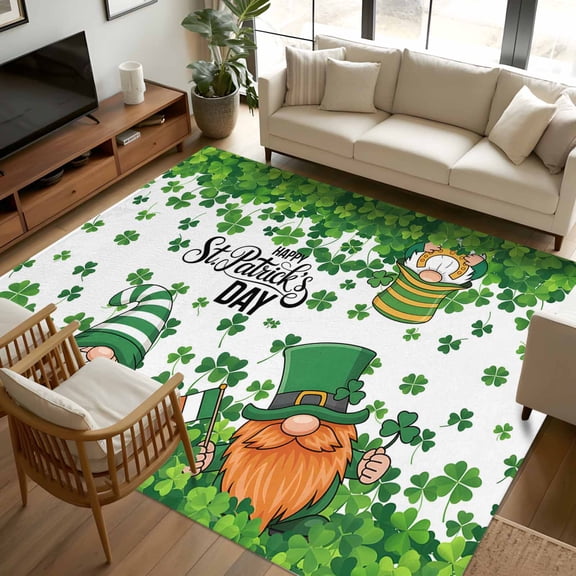 5x7 Area Rugs, St. Patrick's Day Non-Skid Rubber Backing Large Rectangle Rugs - Living Room Bedroom Home Office, Spring Green Gnomes Leaves Clovers Indoor Floor Mat Carpets Washable Rug