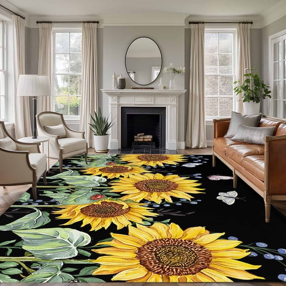 5x7 Area Rugs, Sunflowers Non-Skid Rubber Backing Large Rectangle Rugs - Living Room Bedroom Home Office, Botanical Watercolor Butterfly Plant Indoor Floor Mat Carpets Washable Rug
