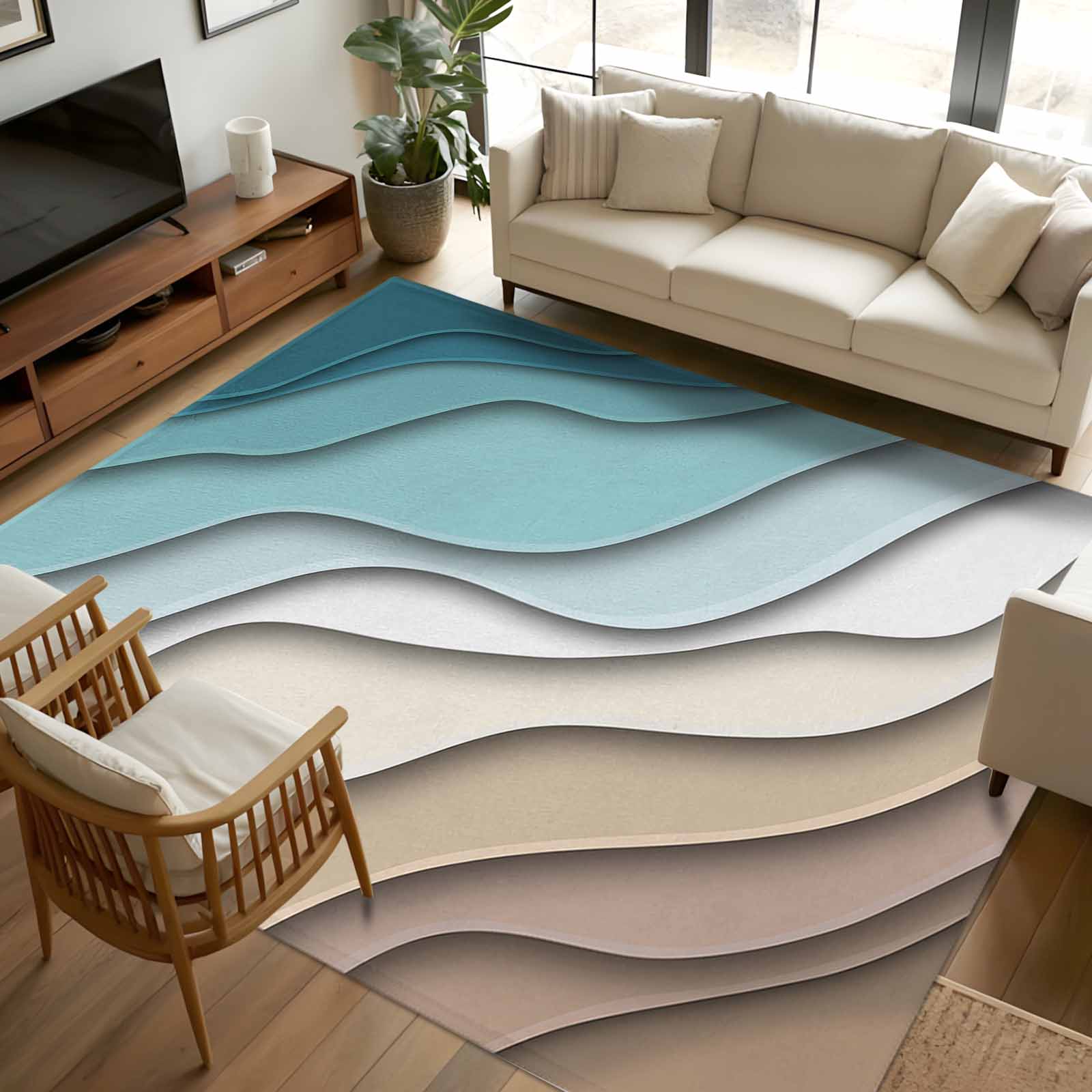 5x7 Area Rugs, Teal Blue Ombre Cream Non-Skid Rubber Backing Large ...