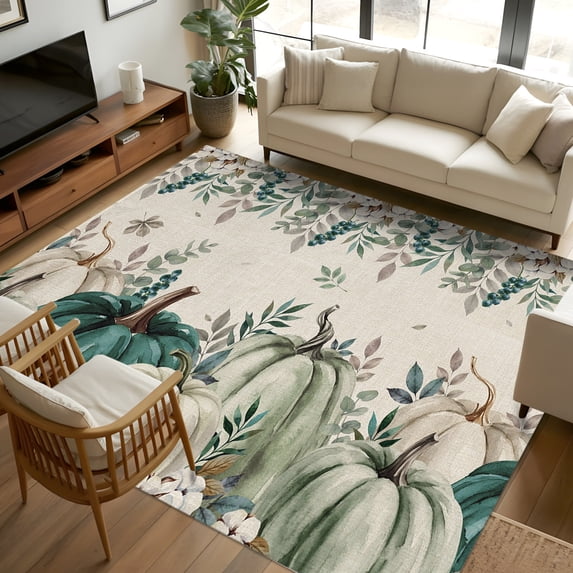 Rustic Wool Rugs 5x7 Area Rugs, Teal Pumpkins Fall Non-Skid Rubber Backing Large ...