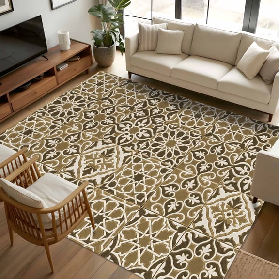 5x7 Area Rugs, Traditional Morocco Non-Skid Rubber Backing Large Rectangle Rugs - Living Room Bedroom Home Office, Vintage Abstract Geometric Art Brown Indoor Floor Mat Carpets Washable Rug