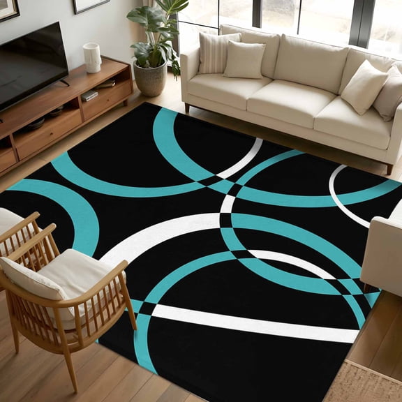 5x7 Area Rugs, Turquoise Geometric Non-Skid Rubber Backing Large Rectangle Rugs - Living Room Bedroom Home Office, Modern Abstract Aesthetic Striped Art Indoor Floor Mat Carpets Washable Rug