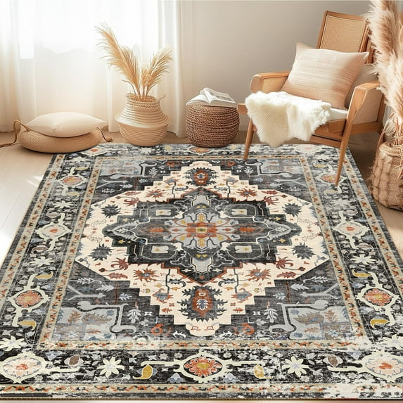 5x7 Area Rugs - Ultra-Thin Washble Rug, Stain Resistant Anti Slip Backing Rugs for Living Room,Bedroom, Vintage Home Decor Area Rug, Black