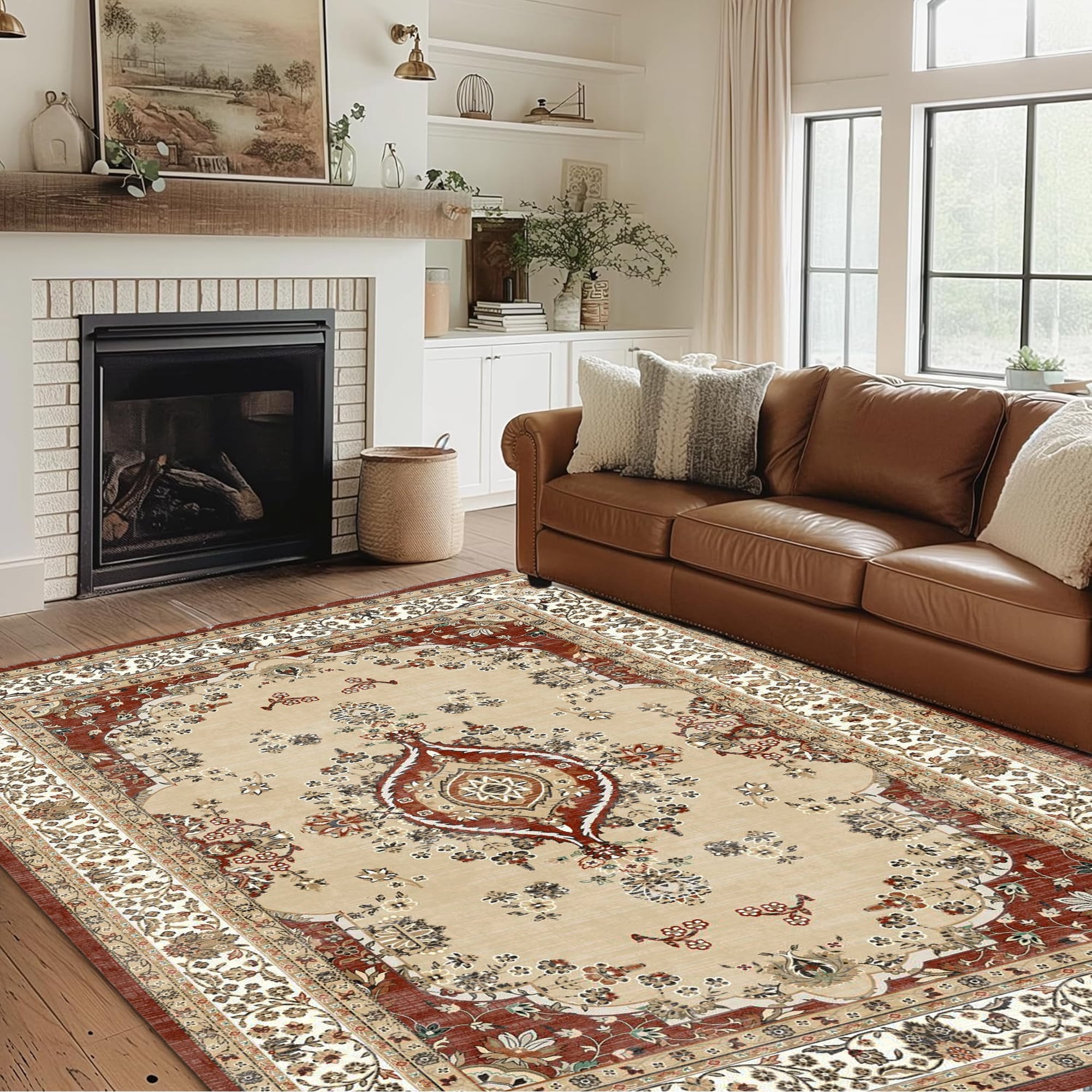 Classic Red Rug Dowellia 5x7 Area Rug, Ultra-Thin Washable Rug, Anti-Slip Backing ...