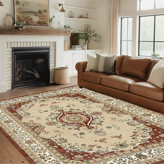 5x7 Area Rugs - Ultra-Thin Washble Rug, Stain Resistant Anti Slip Backing Rugs for Living Room,Bedroom, Vintage Home Decor Area Rug, Red