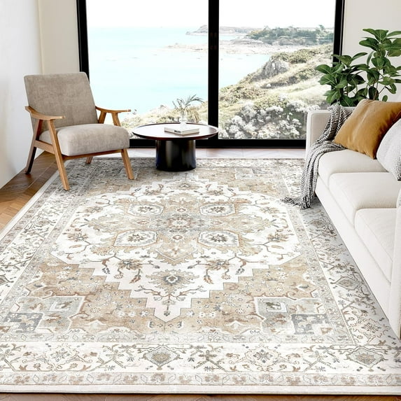 5x7 Area Rugs, Washable Living Room Rug Low-Profile with Non-Slip Backing & Durable Edge Binding, Vintage 5x7 Rugs for Living Room, Bedroom, Dinning Room