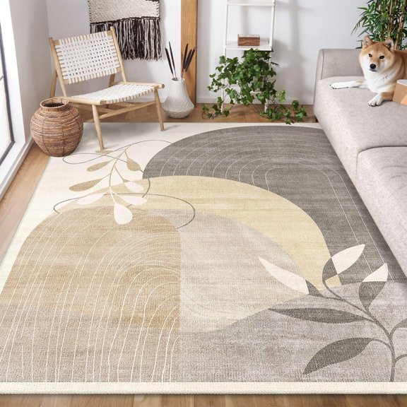 5x7 Area Rugs Washable Low Pile Non Slip Mid Century Modern Large |hine Throw Carpet For Living Room Bedroom Office Dining Boho Abstract Retro Geometric Neutral Beige