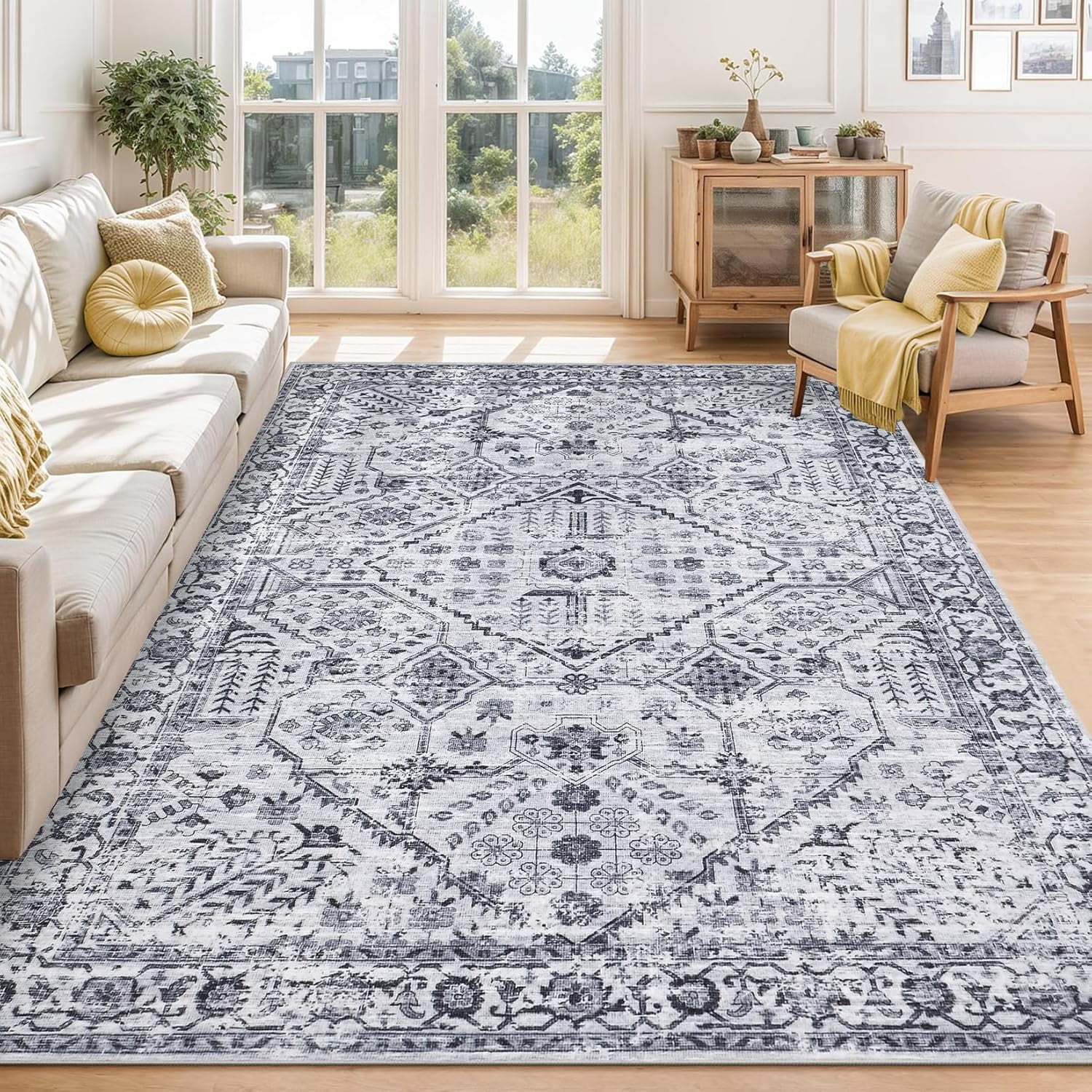 5x7 Area Rugs Washable Soft Vintage Large Rugs Boho Farmhouse Low Pile Non-Slip Indoor Throw Carpet Rugs Dining Room (Grey 5'x7')