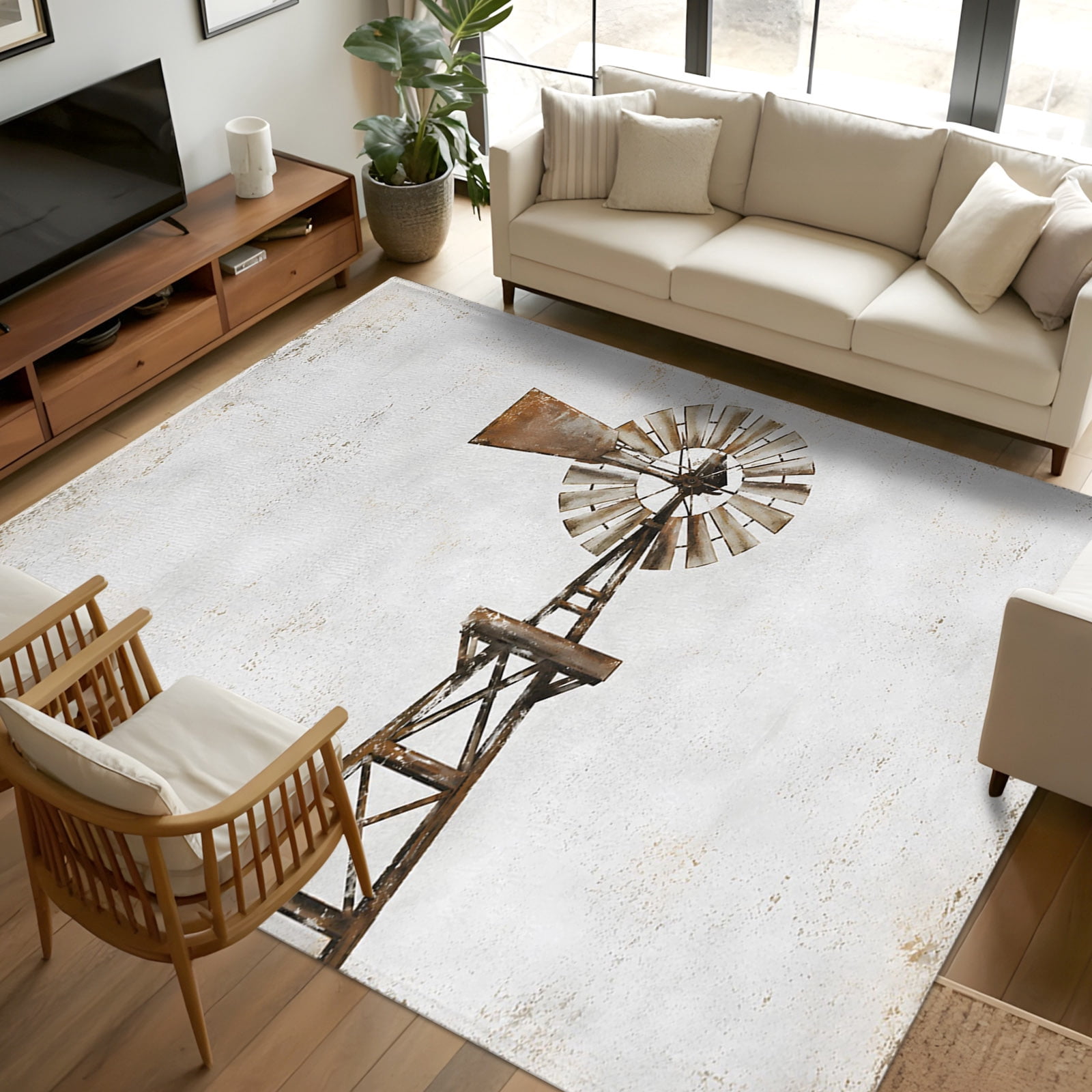 M Modern Rustic Rug 5x7 Area Rugs, Windmill Non-Skid Rubber Backing Large Rectangle Rugs ...