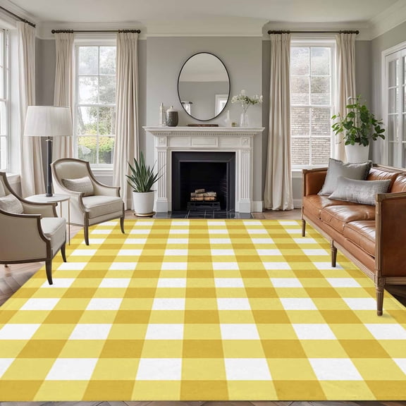 5x7 Area Rugs, Yellow Gradient Non-Skid Rubber Backing Large Rectangle Rugs - Living Room Bedroom Home Office, Farm Plaid Buffalo Checkered Gingham Indoor Floor Mat Carpets Washable Rug