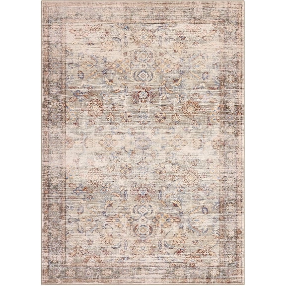 5x7 Area Rugs for Living Room & Bedroom, Soft Low Pile Vintage Print Carpet, Machine Washable with Rubber Backing for Home Office Decor (Caramel)