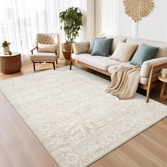 5x7 Area Rugs for Living Room, Beige Floral Washable Rugs for Dining Room, Bedroom, Home Office, Vintage Non-Slip Thin Rug