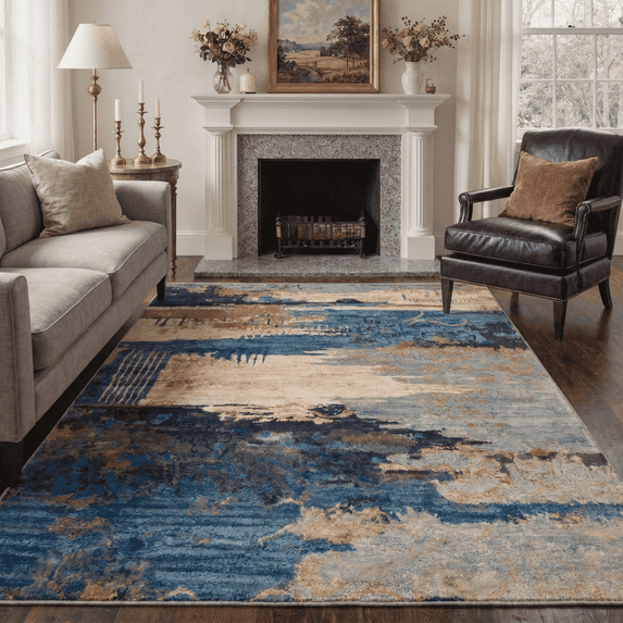 5x7 Area Rugs for Living Room Machine Washable Non Slip Low Pile Lightweight Print Pattern Rug for Bedroom Indoor Abstract Landscape Blue Gold