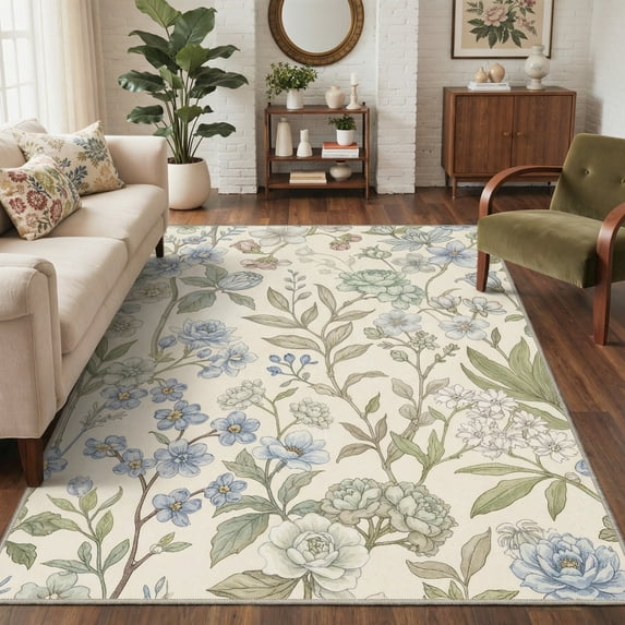 DEORAB 5x7 Washable Area Rug for Living Room with Non Slip Backing,Traditional Hallway Runner Rug,Low Pile Lightweight Carpet,Floral Print Mat,Better Home,Washable Machine,Green