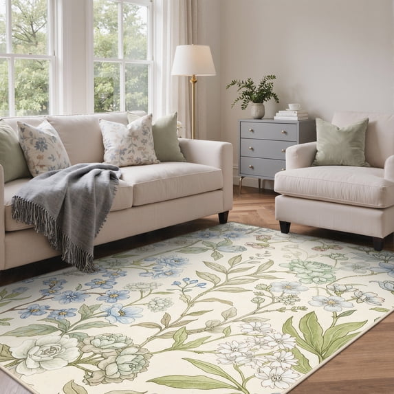 DEORAB 5x7 Washable Area Rug for Living Room with Non Slip Backing,Traditional Hallway Runner Rug,Low Pile Lightweight Carpet,Floral Print Mat,Better Home,Washable Machine,Green