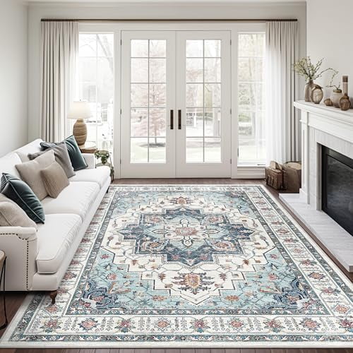 5x7 Area Rugs for Living Room, Stain Resistant Washable Rug, Non-Slip Backing Area Rug, Vintage Home Decor Rug for Bedroom (Blue, 5'x7')