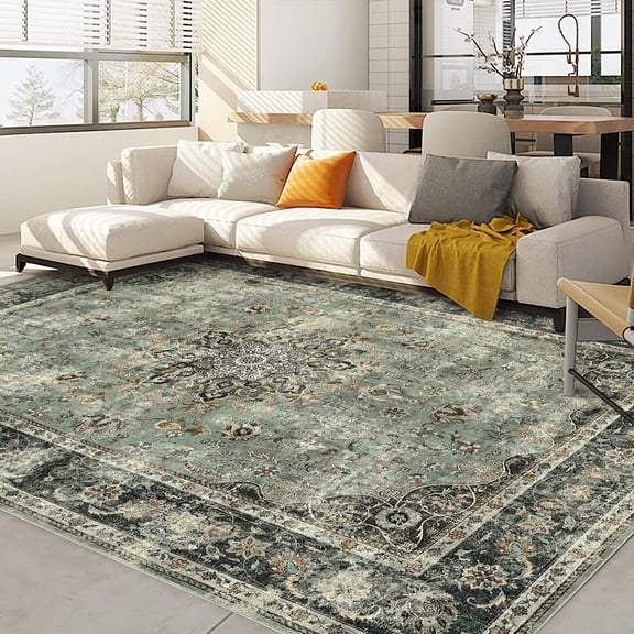 5x7 Area Rugs for Living Room Washable Vintage Distressed Rug Soft Non Slip Area Rug for Bedroom Dining Room Home Office Old Green