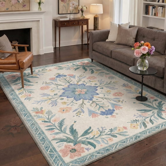 5x7 Area Rugs for Living Room and Bedroom, Machine Washable Non Slip Low Pile Lightweight Vintage Floral Print Pattern Indoor Rug, Dusty Blue