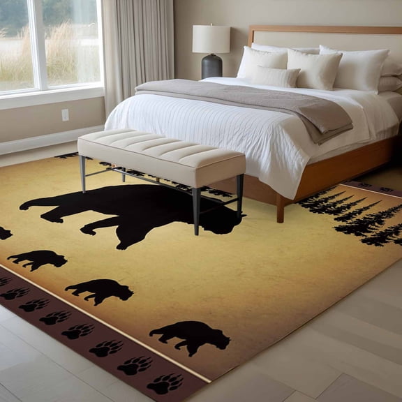 5x7 Bear Pine Tree Area Rug for Living Room, Washable Non Slip Low Pile Soft Indoor Rug for Bedroom Dining Room, Vintage Farmhouse Animal Standard Room Rug