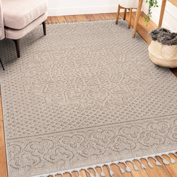 5x7 Beige Medallion Area Rug Loom & - , Stain-, Non-shedding, Pet And Safe, Easy To Clean Take Good Care Of, , Medium Pile, Cotton Backing, Polypropylene Indoor/outdoor Stain Proof, , Simple Clean,