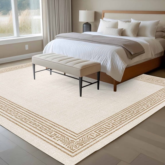 5x7 Beige Vintage Area Rug for Living Room, Washable Non Slip Low Pile Soft Indoor Rug for Bedroom Dining Room, Abstract Art Linen Brown Greek Key Standard Room Rug