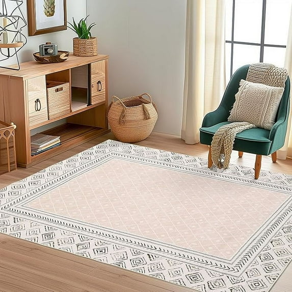 5x7 Beige Vintage Print Rug – Washable Non-Slip Area Rug for Living Room and Bedroom